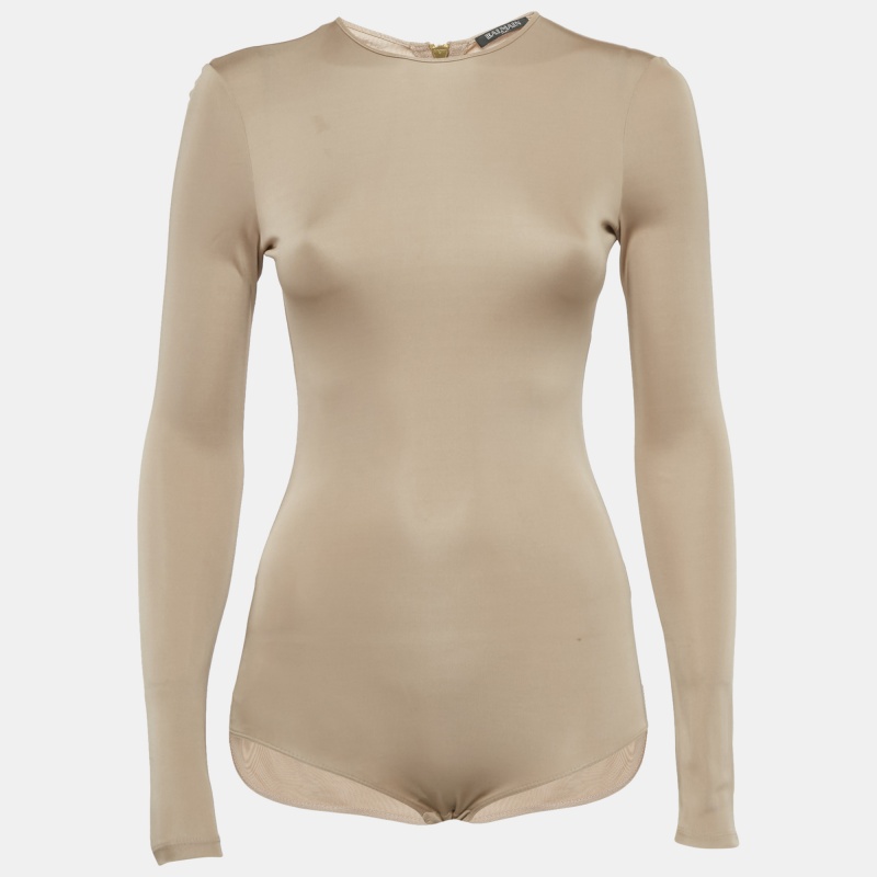 Pre-owned Balmain Beige Jersey Bodysuit S In Sand