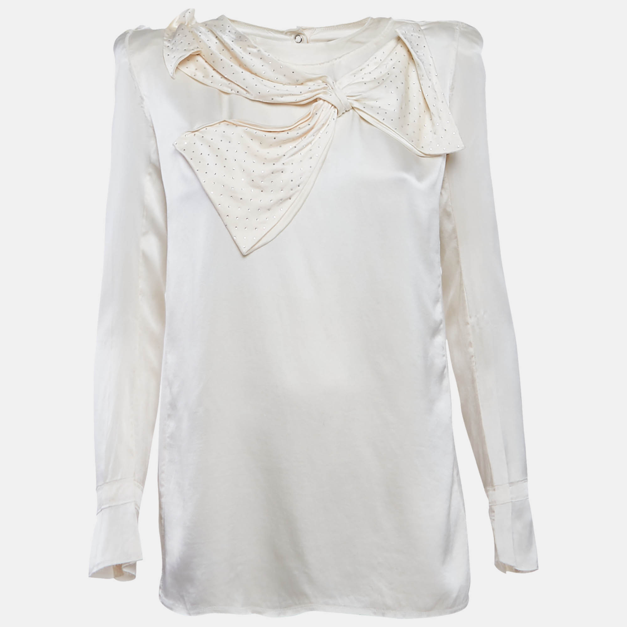 Click to view more detailed imagery on our partner's website Pre-owned Balmain Beige Satin Bow Detail Raw Edge Blouse M In Sand
