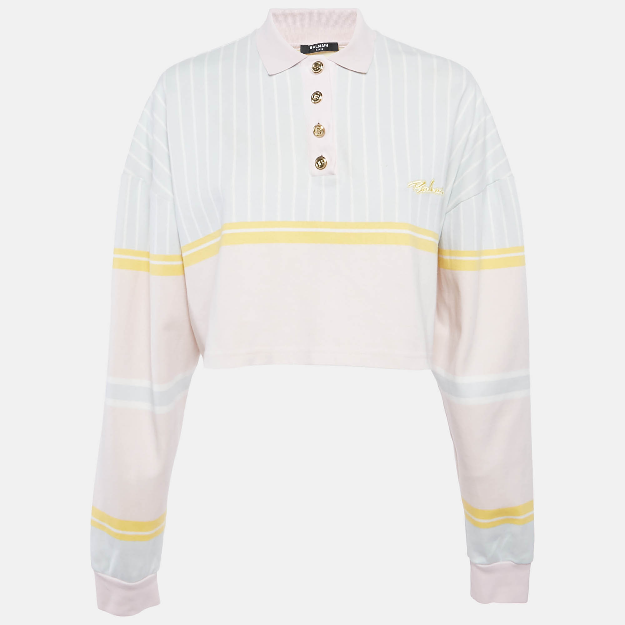 Pre-owned Balmain Multicolor Pastel Striped Cotton Crop Polo T-shirt S