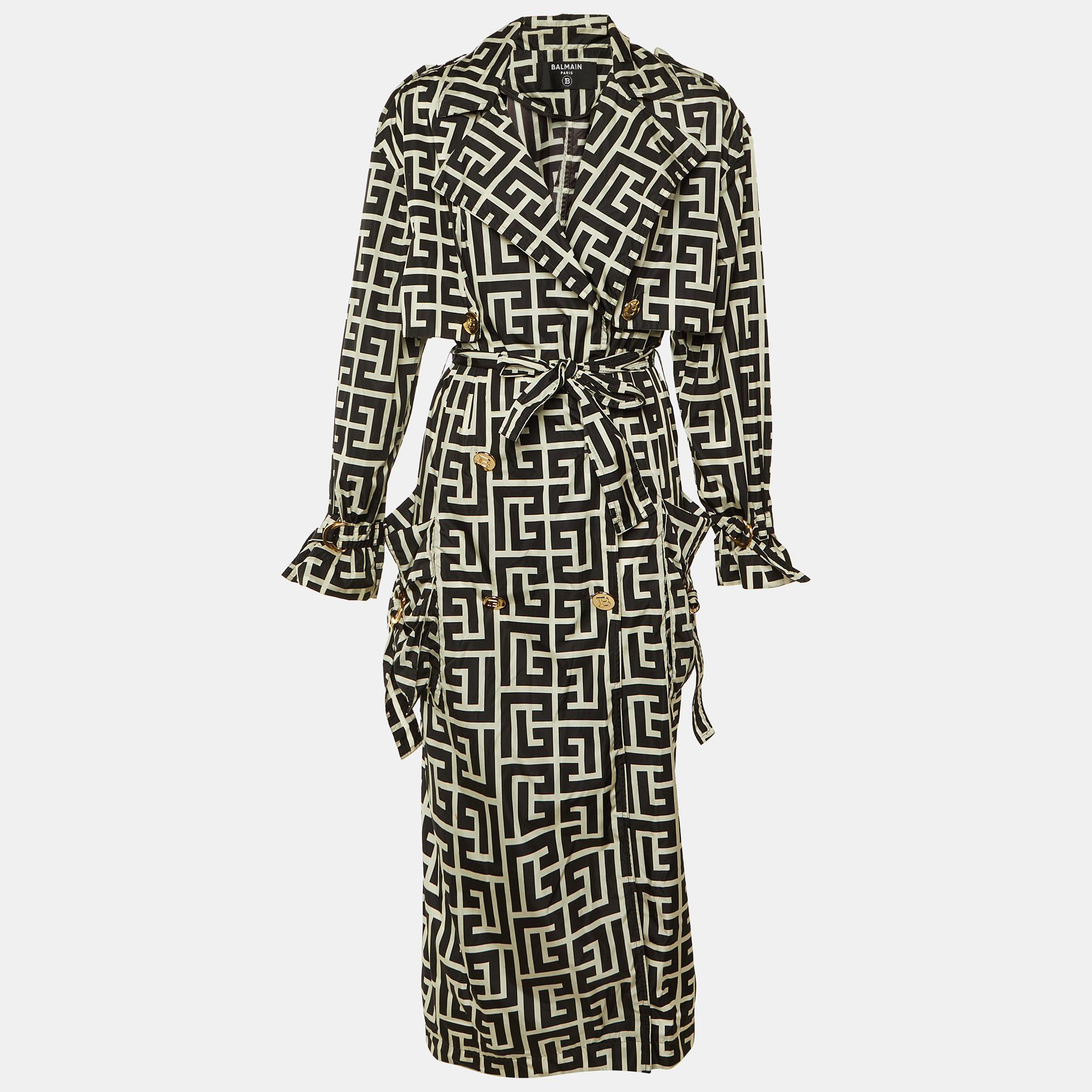 Click to view more detailed imagery on our partner's website Pre-owned Balmain Black Monogram Print Nylon Double Breasted Coat S