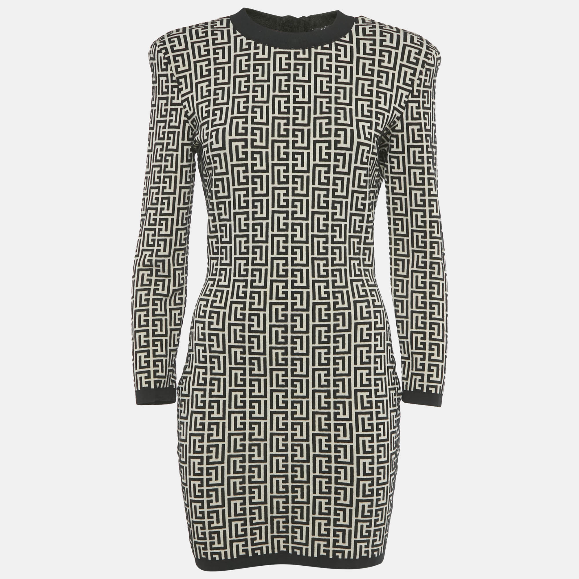 Pre-owned Balmain Beige/black Monogram Knit Bodycon Dress M In Brown