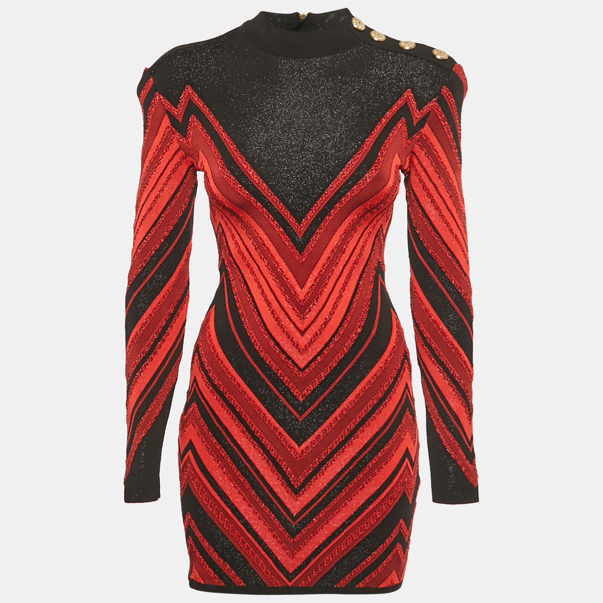 

Balmain Red/Black Chevron Lurex Knit Bodycon Dress M