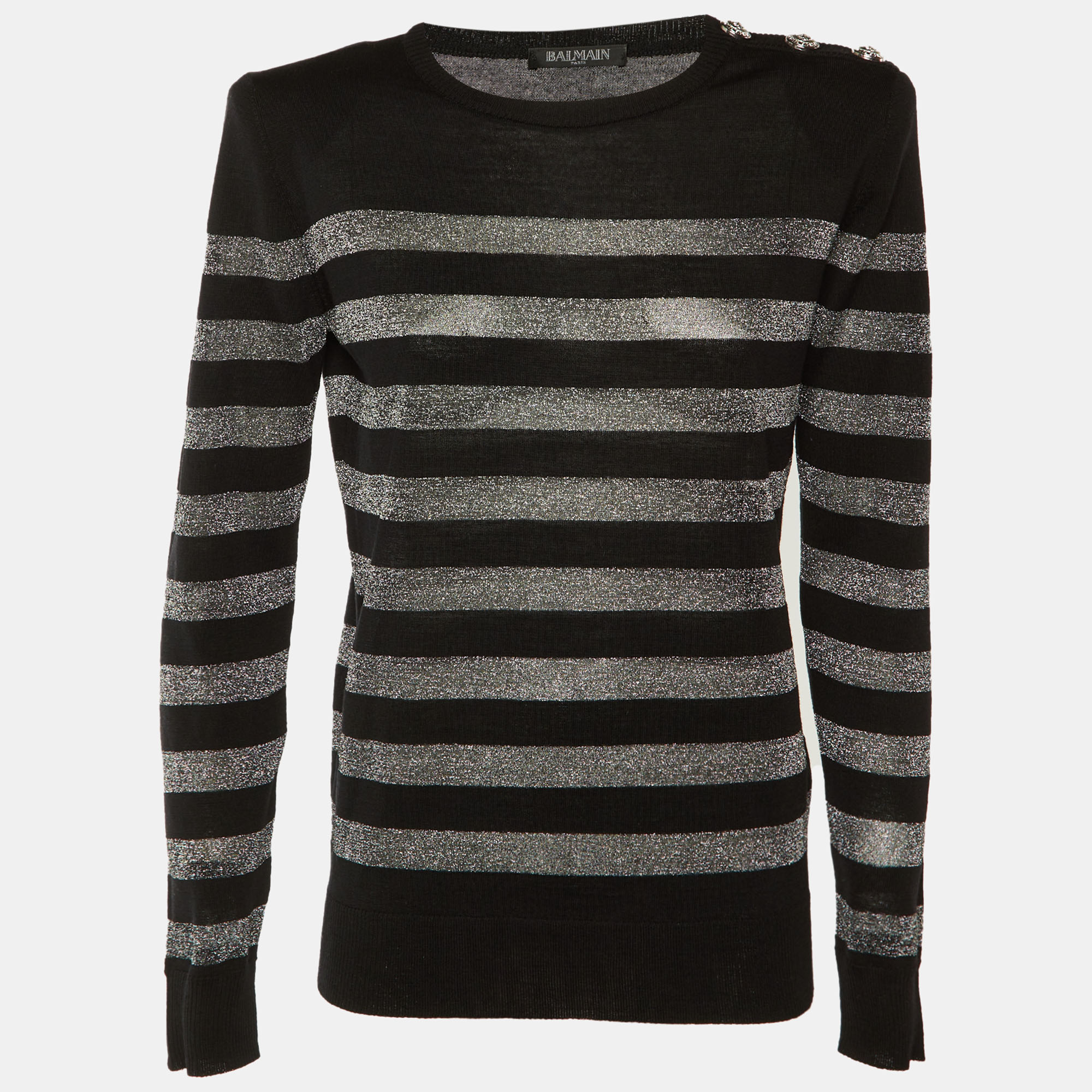 

Balmain Black Striped Lurex Wool Structured Shoulder Jumper M
