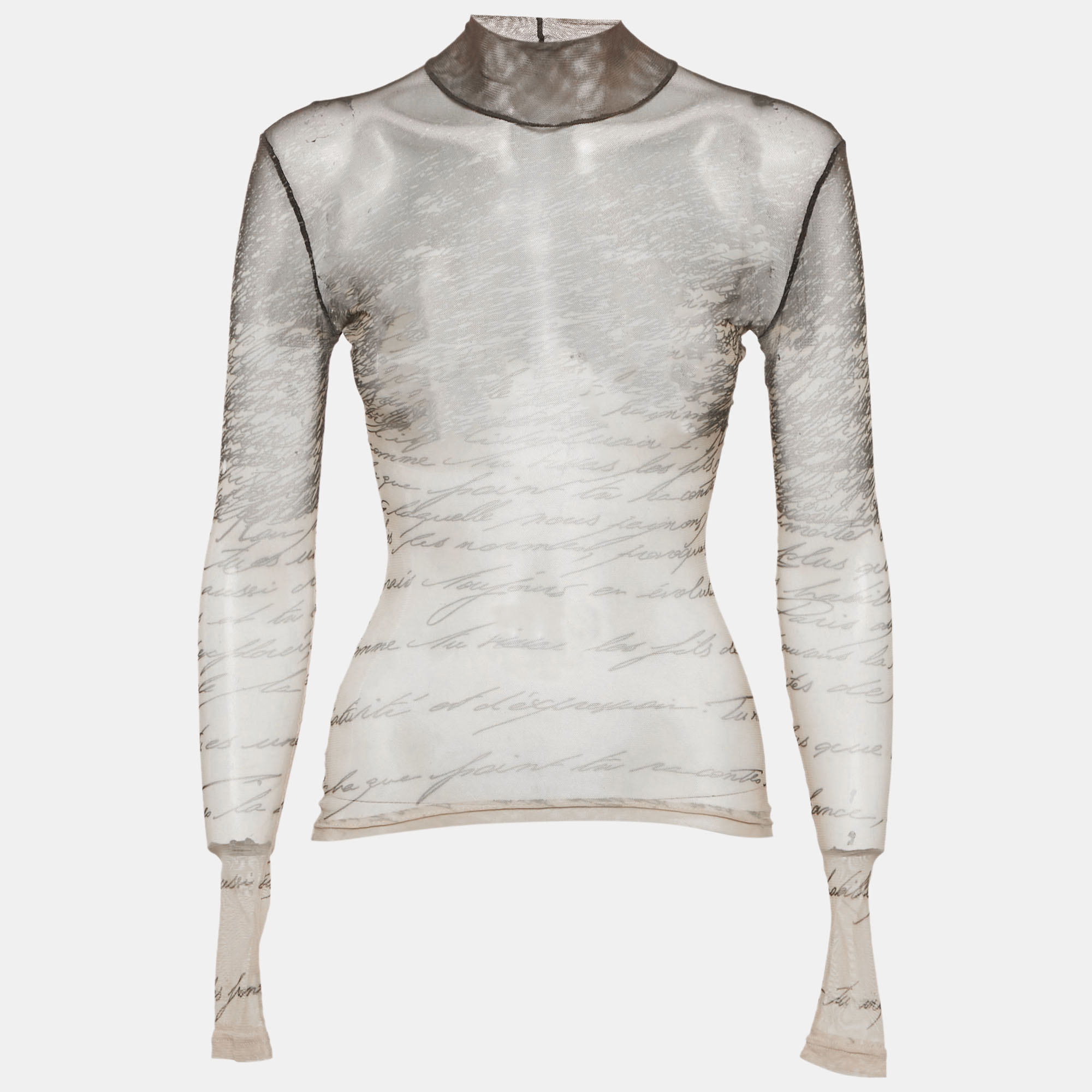

Balmain Beige Love Letter-Print Stretch Mesh Sheer Top S, Brown