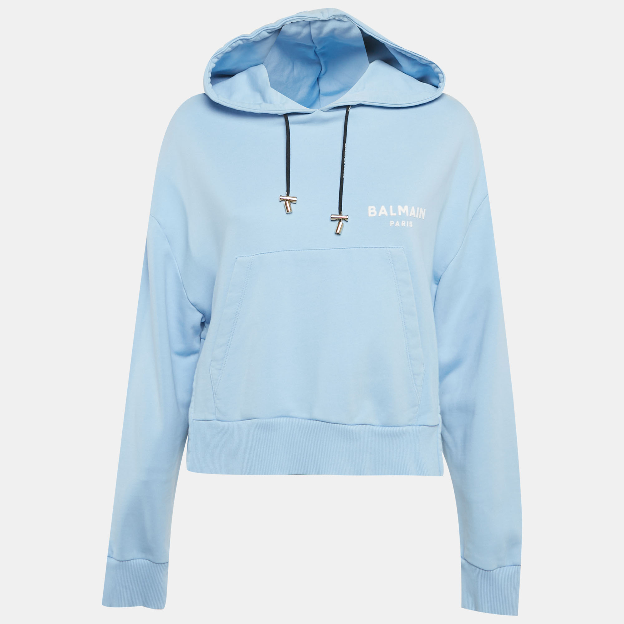 

Balmain Blue Logo Print Cotton Hooded Sweatshirt L