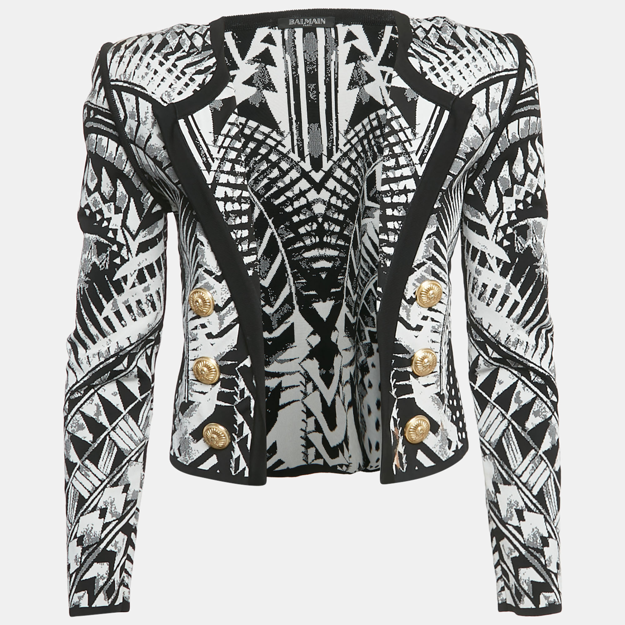 

Balmain Monochrome Folkloric Patterned Jacquard Open Front Blazer M, Black