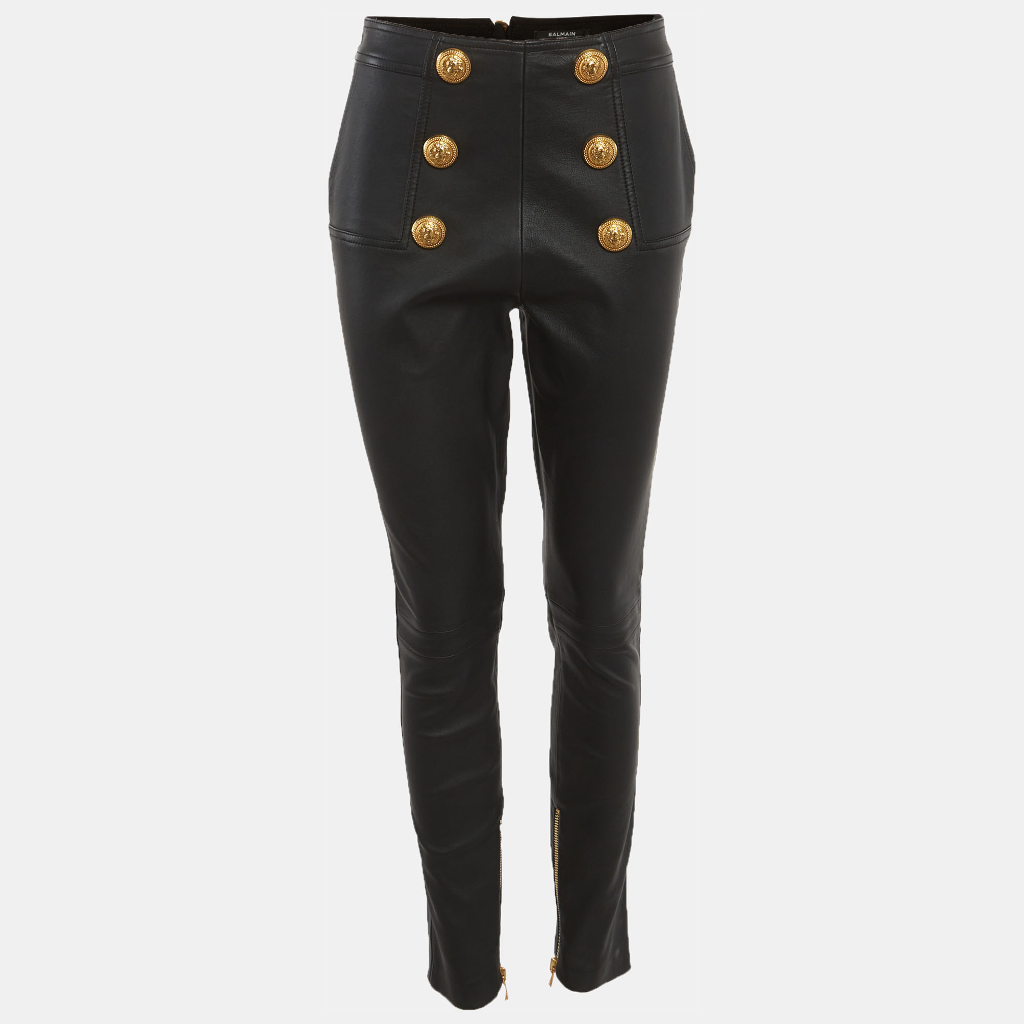 

Balmain Black Leather Gold Button Detail Skinny Fit Pants M