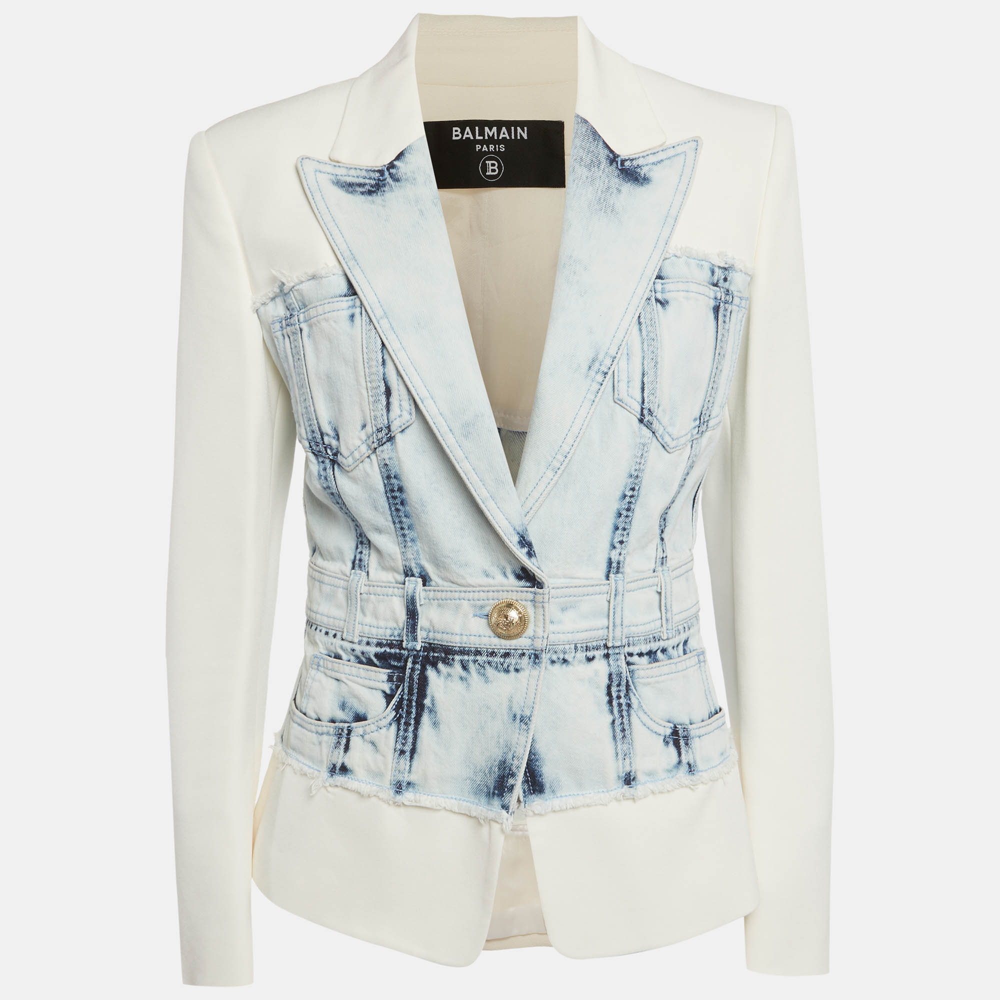 

Balmain White/Blue Denim & Crepe Hybrid Blazer M