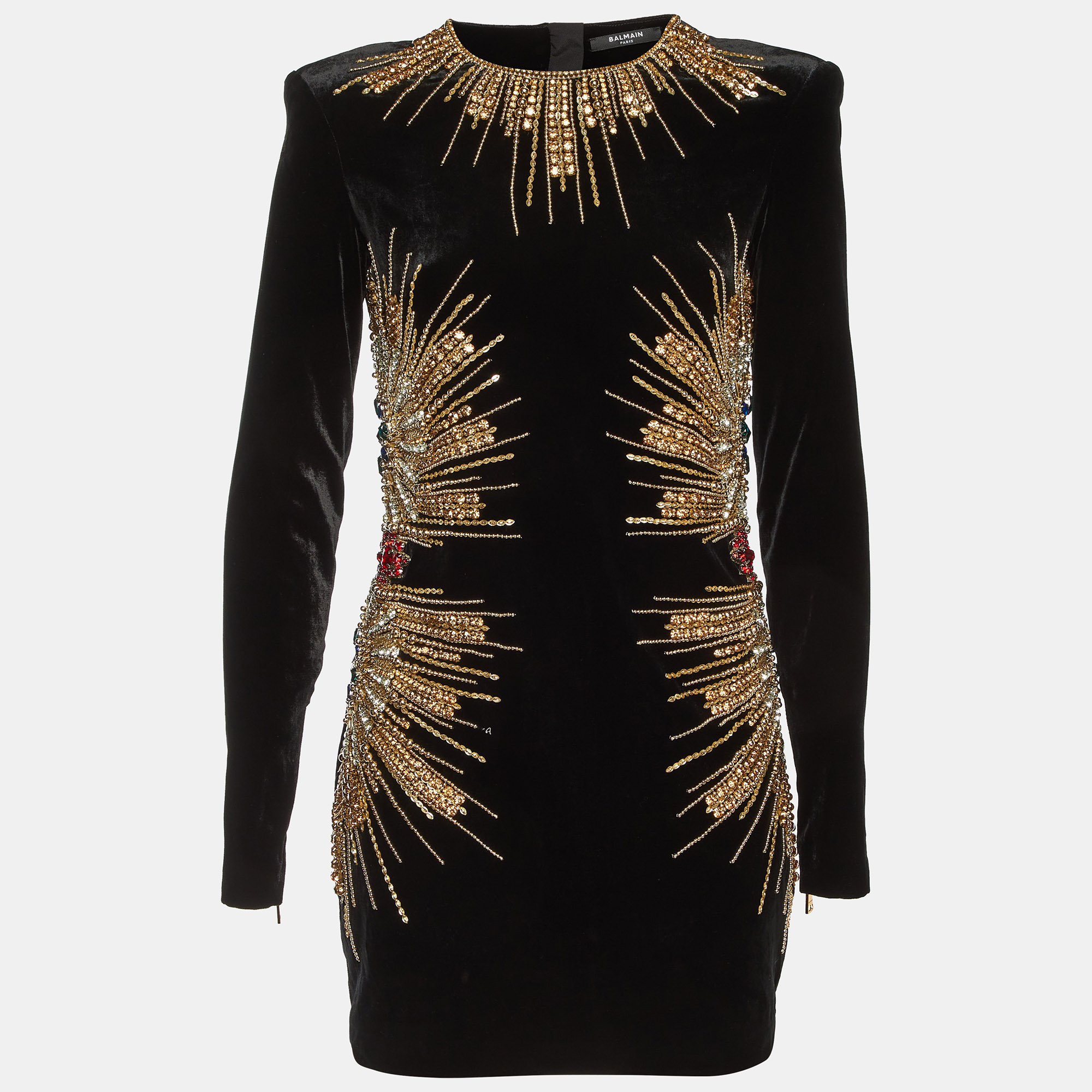 Pre-owned Balmain Black Velvet Embellished Mini Dress M