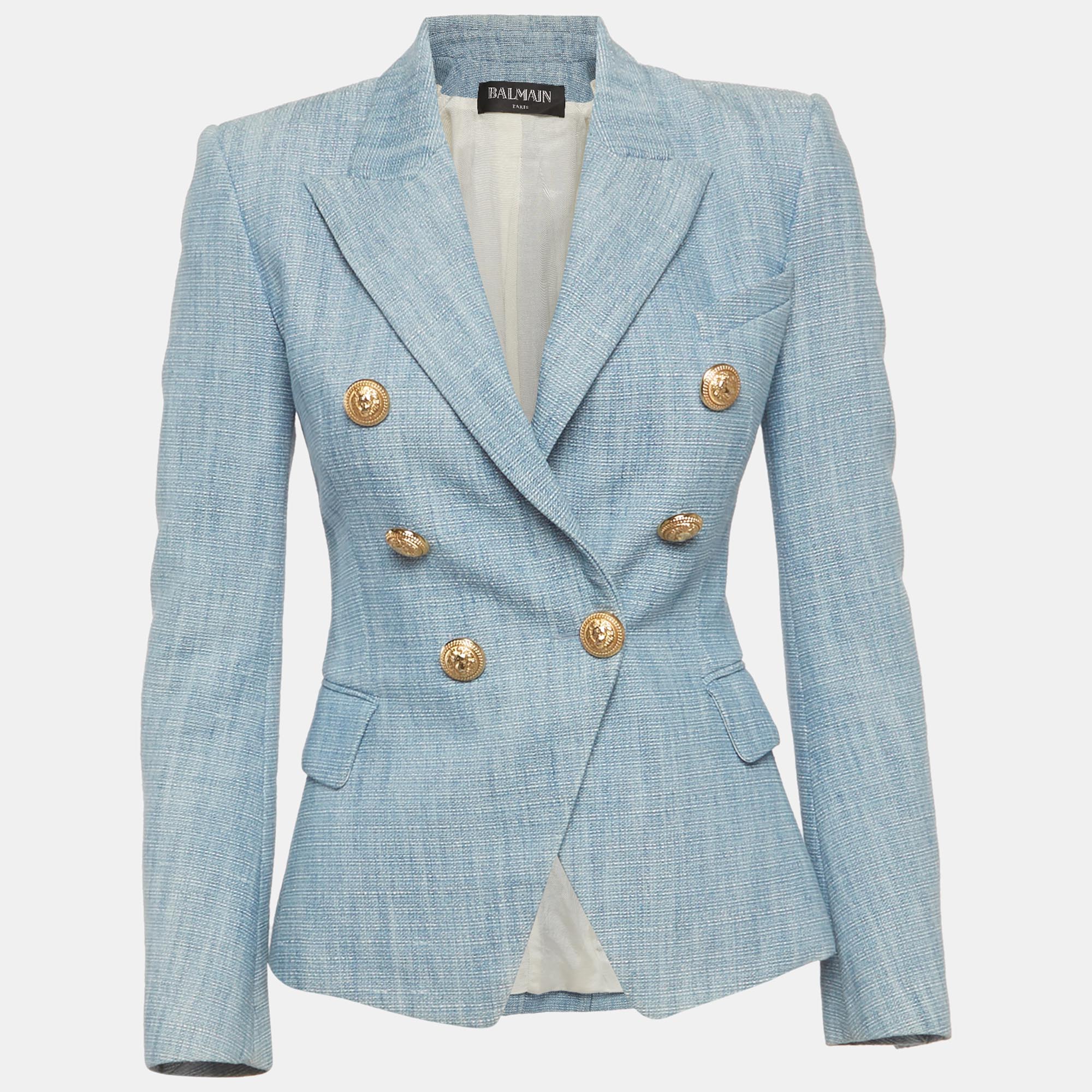 Pre-owned Balmain Blue Tweed Double Breasted Blazer S