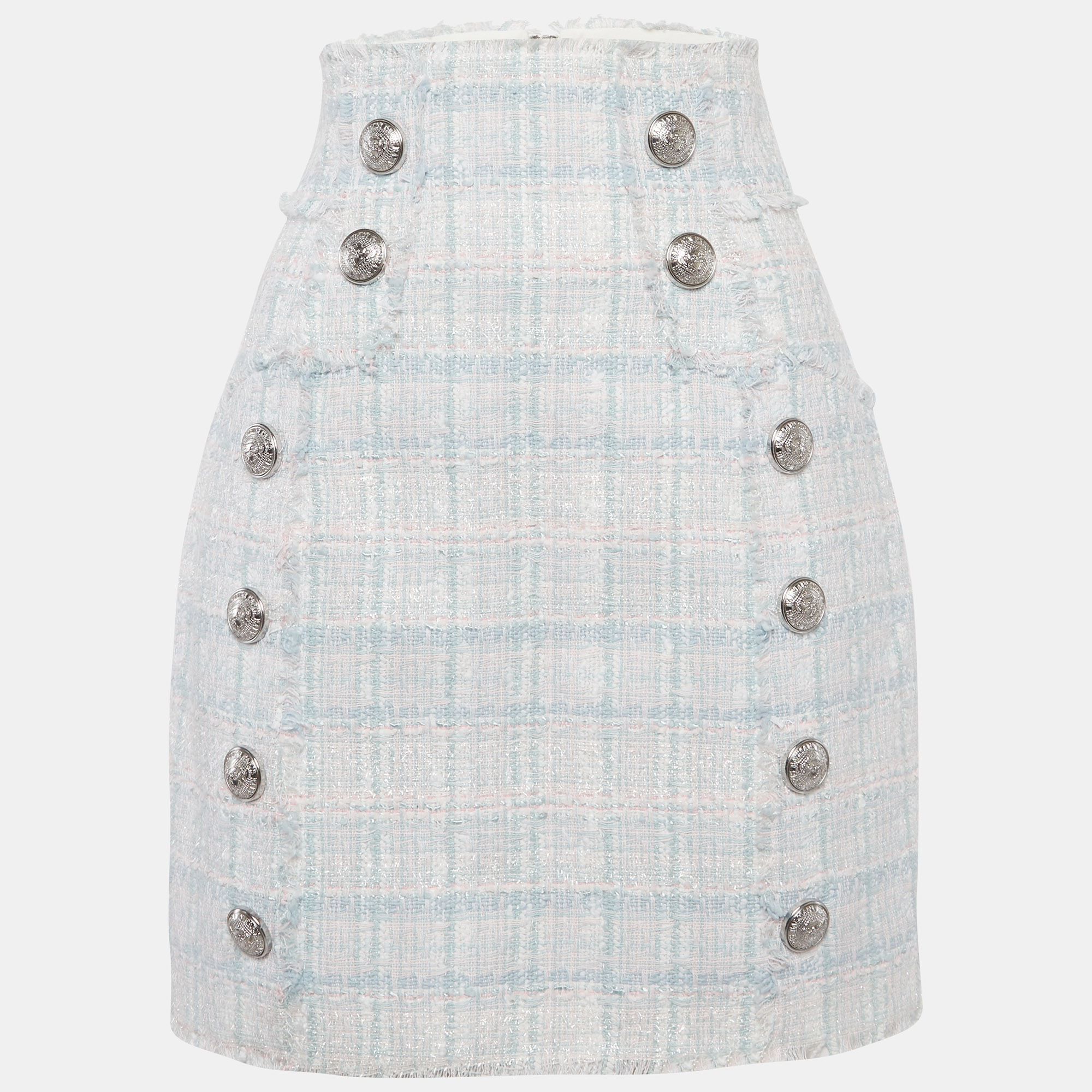 

Balmain Sky Blue/Pink Tweed Button Detail High-Waist Skirt M