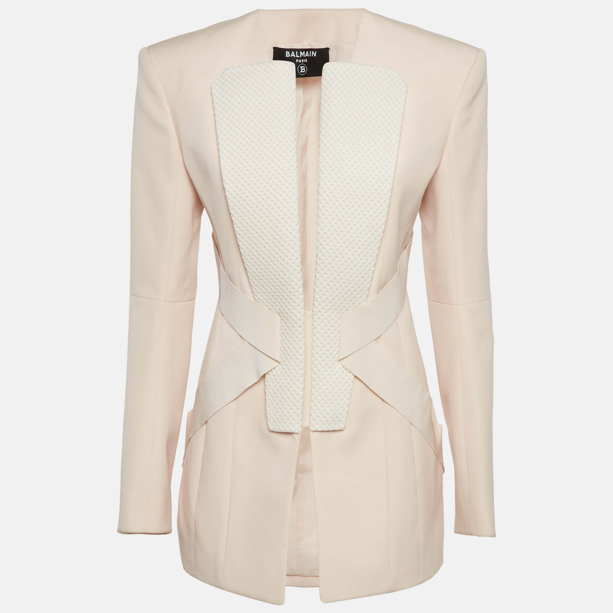 Pre-owned Balmain Pastel Pink Wool Pique-paneled Grain De Poudre Blazer M