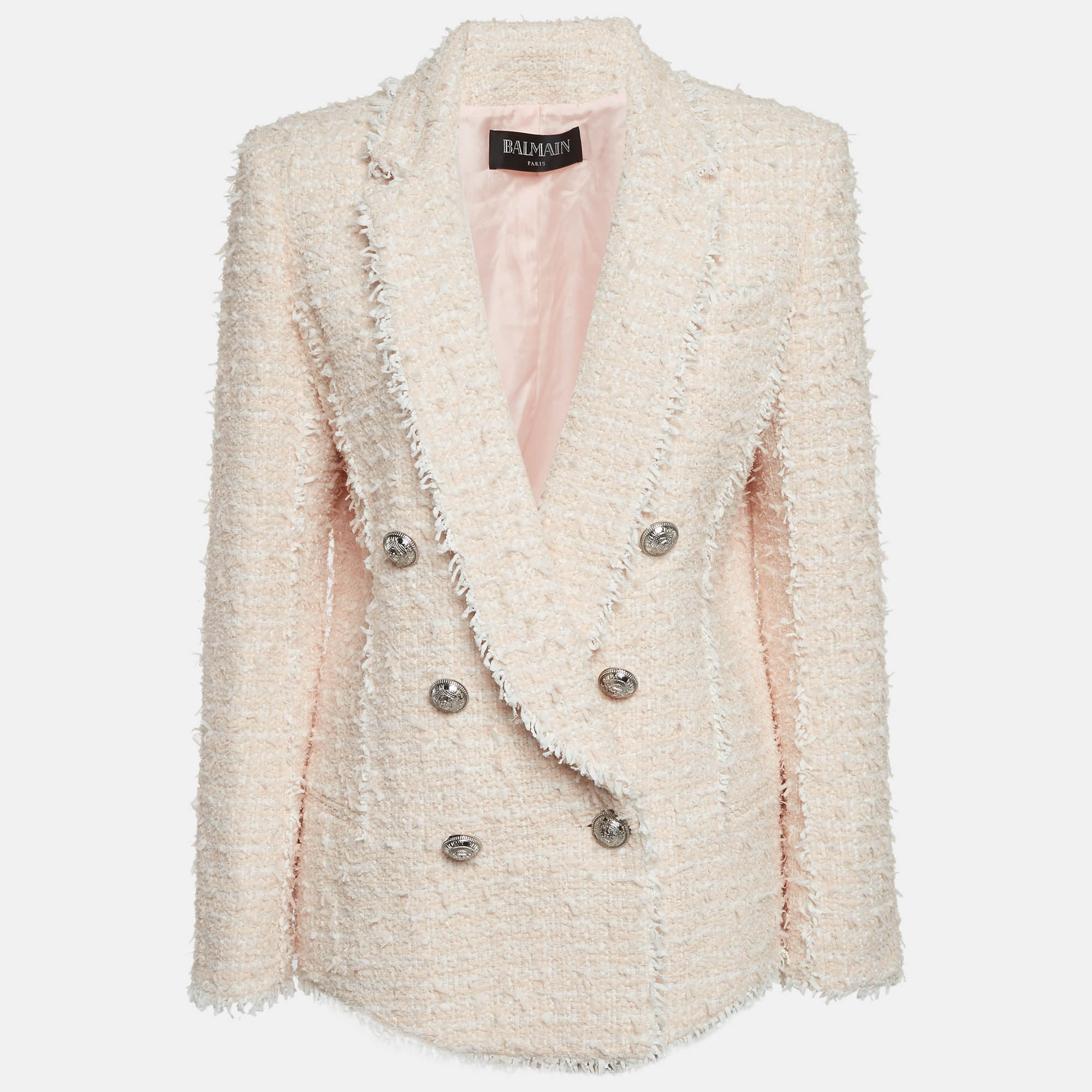 Pre-owned Balmain Pink Tweed Double-breasted Blazer L