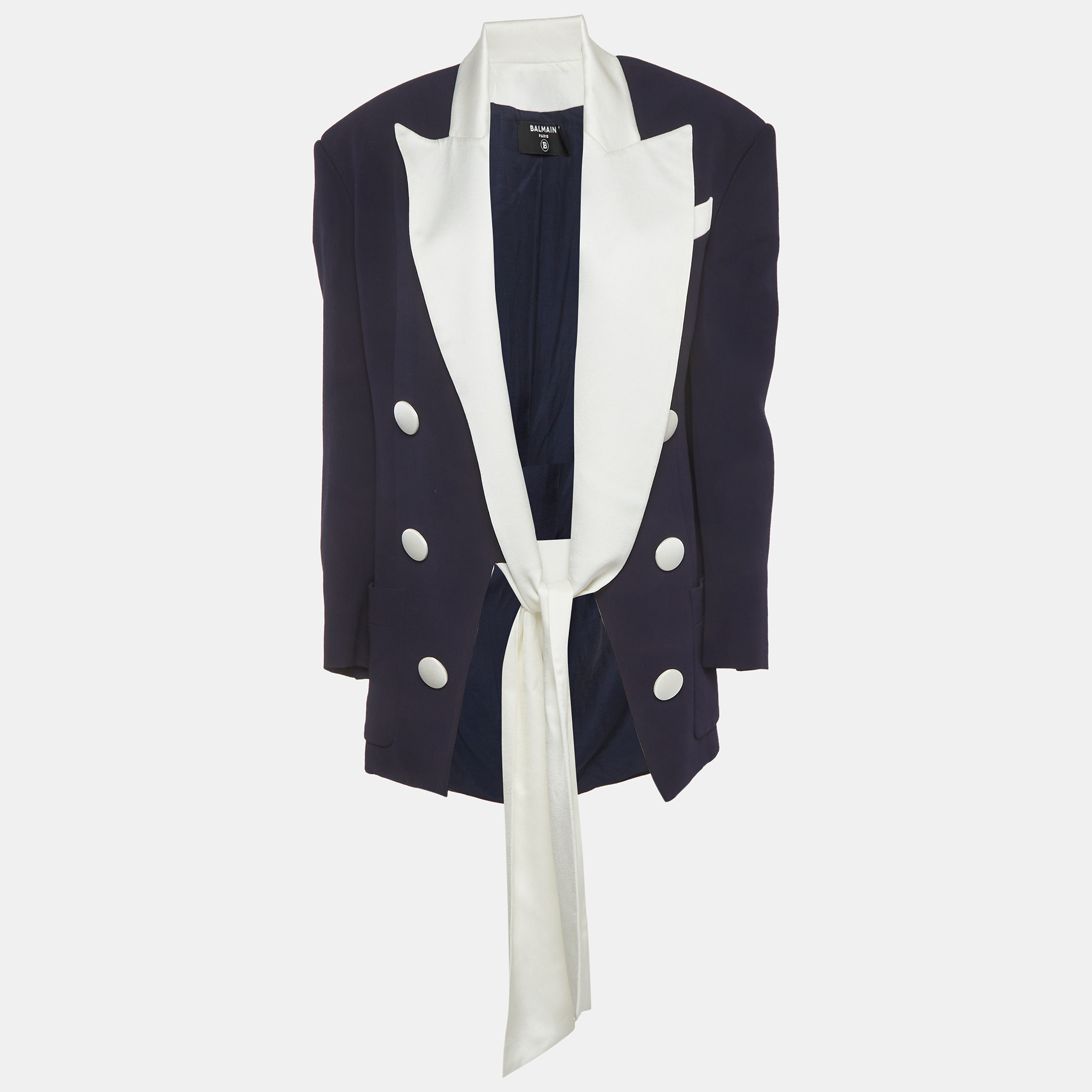 Pre-owned Balmain Navy Blue Crepe And Satin Collar Tie Up Blazer S