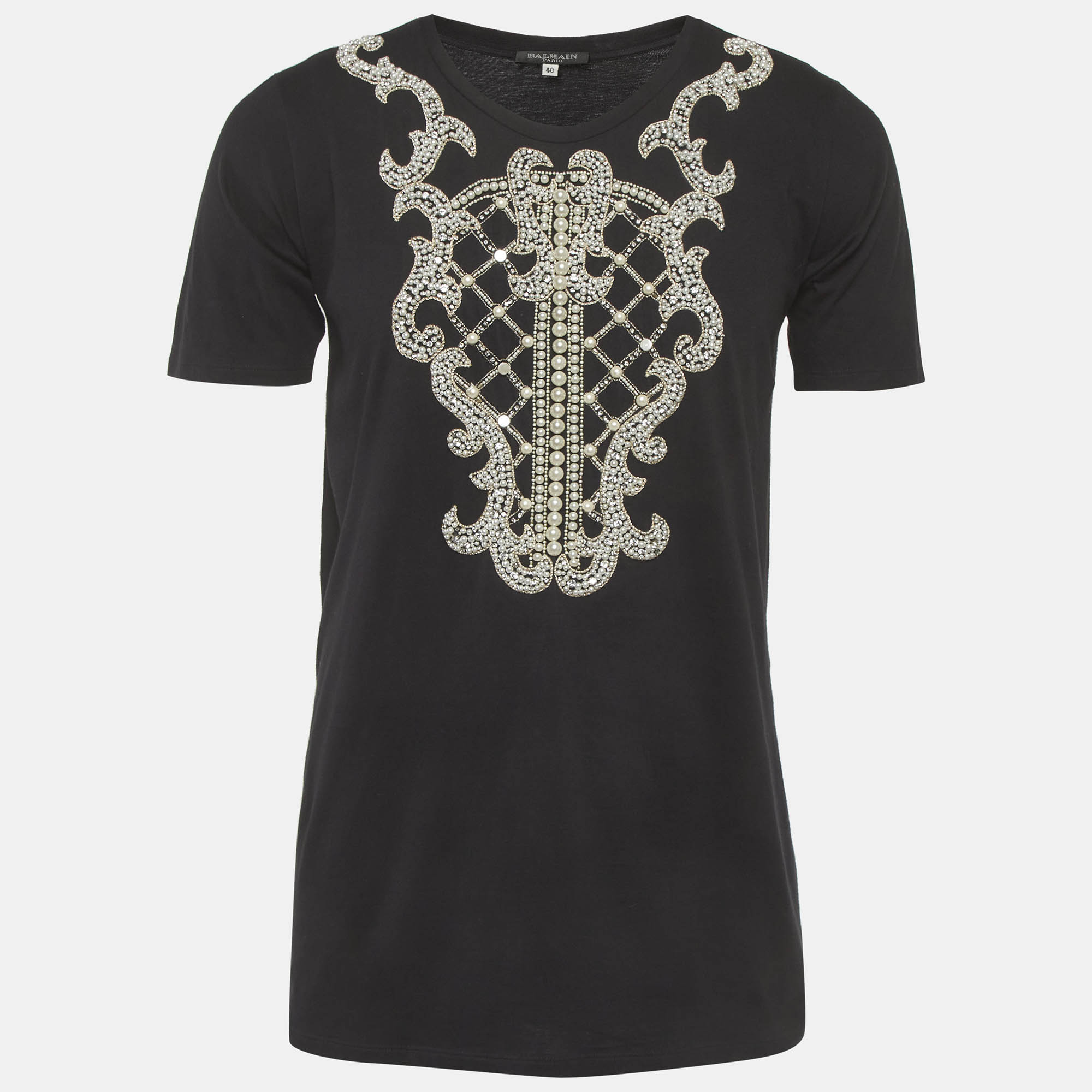 

Balmain Black Pearl Embellished Jersey T-Shirt M