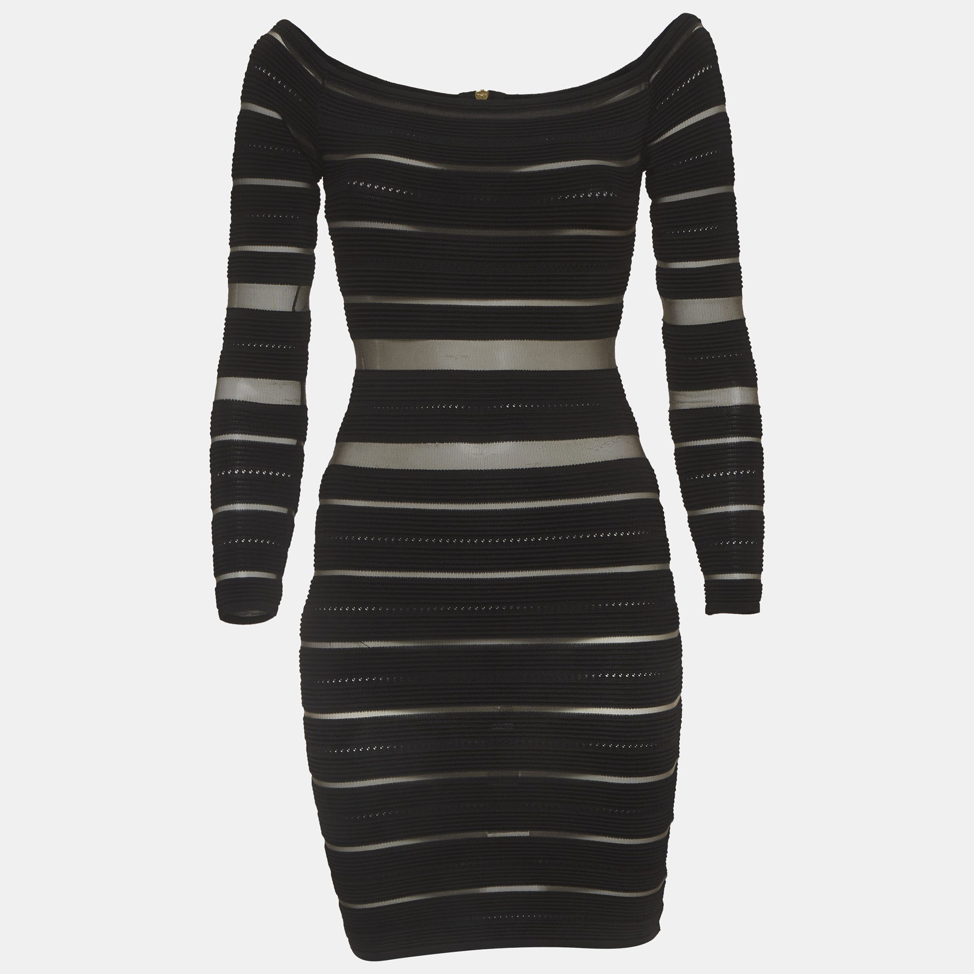 

Balmain Black Sheer Striped Off-Shoulder Mini Dress S