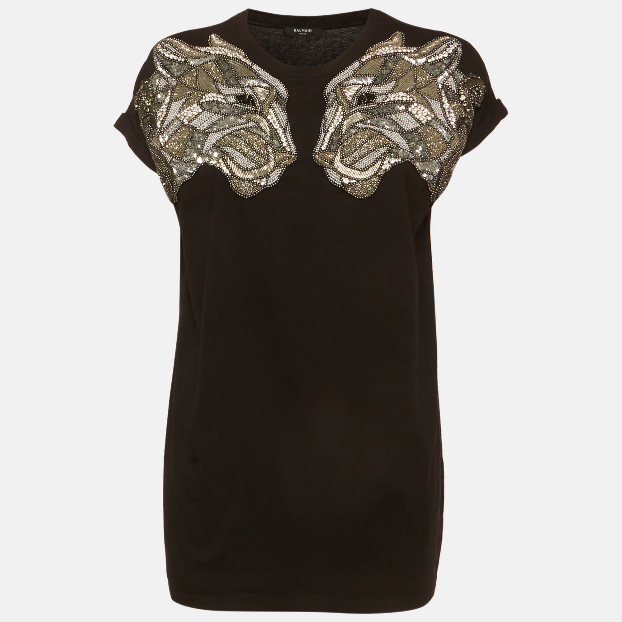 

Balmain Black Jersey Embellished Signature Tiger T-Shirt XS