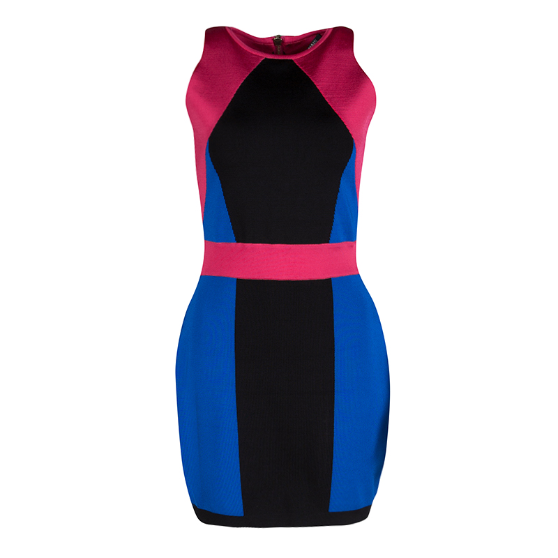 Pre Owned Balmain Abstract Colorblock Sleeveless Bodycon Dress L