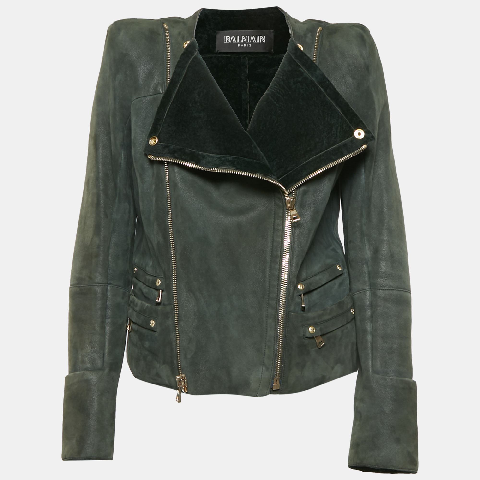 

Balmain Green Suede Shearling Biker Jacket L