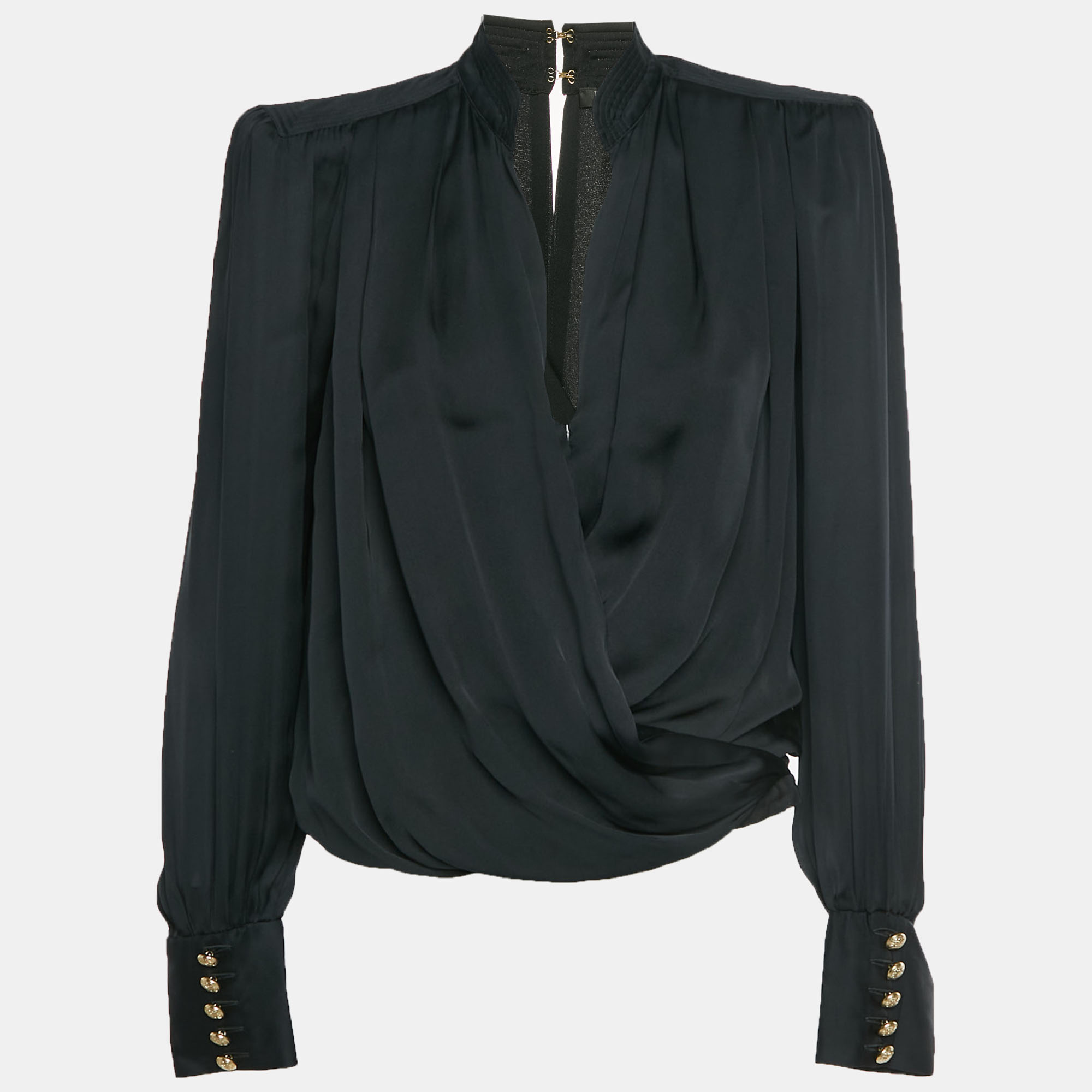 

Balmain Black Satin Draped Long Sleeve Blouse S