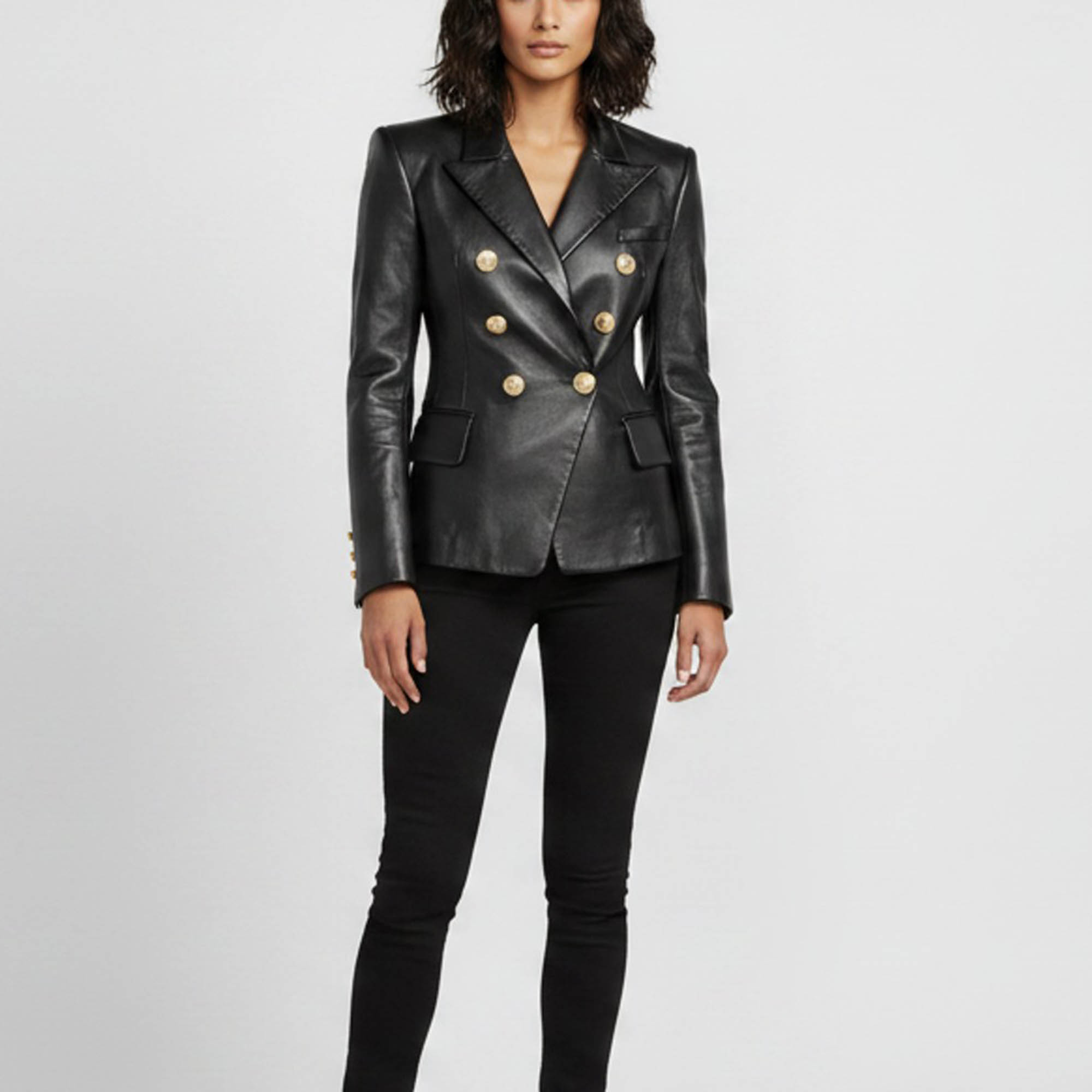 

Balmain Black Leather Double Breasted Jacket S