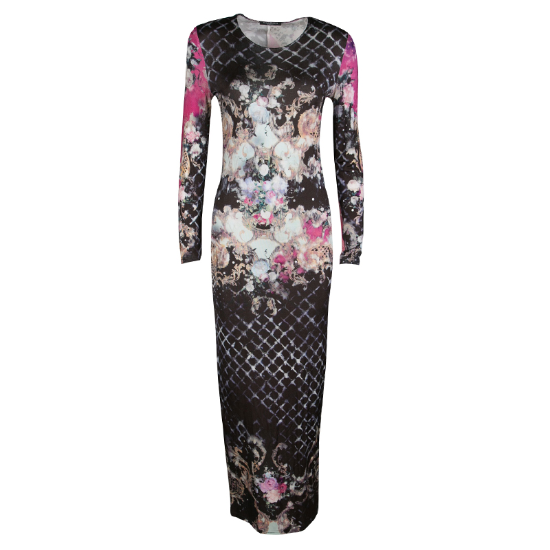Pre Owned Balmain Multicolor Floral Printed Jersey Long Sleeve Maxi Dress M