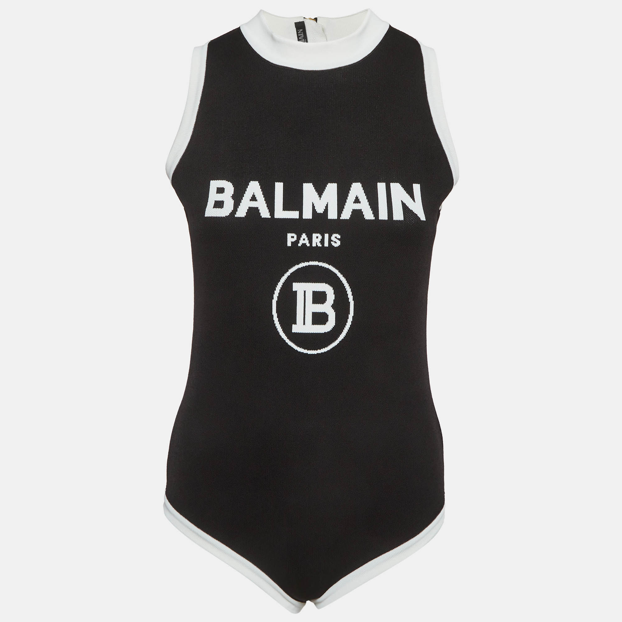 

Balmain Black Logo Intarsia Knit Zip Up Bodysuit Top L
