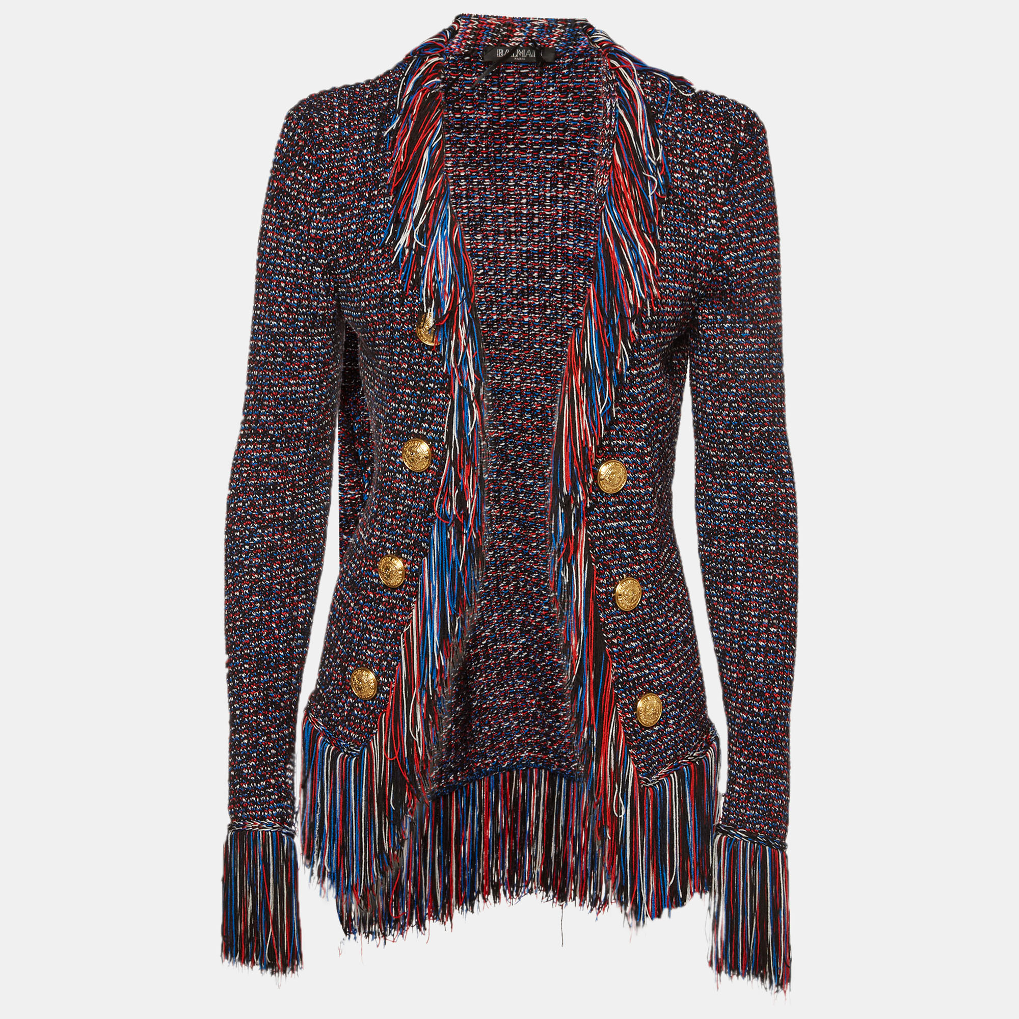 Pre-owned Balmain Multicolor Button Embellished Knit Fringed Jacket S