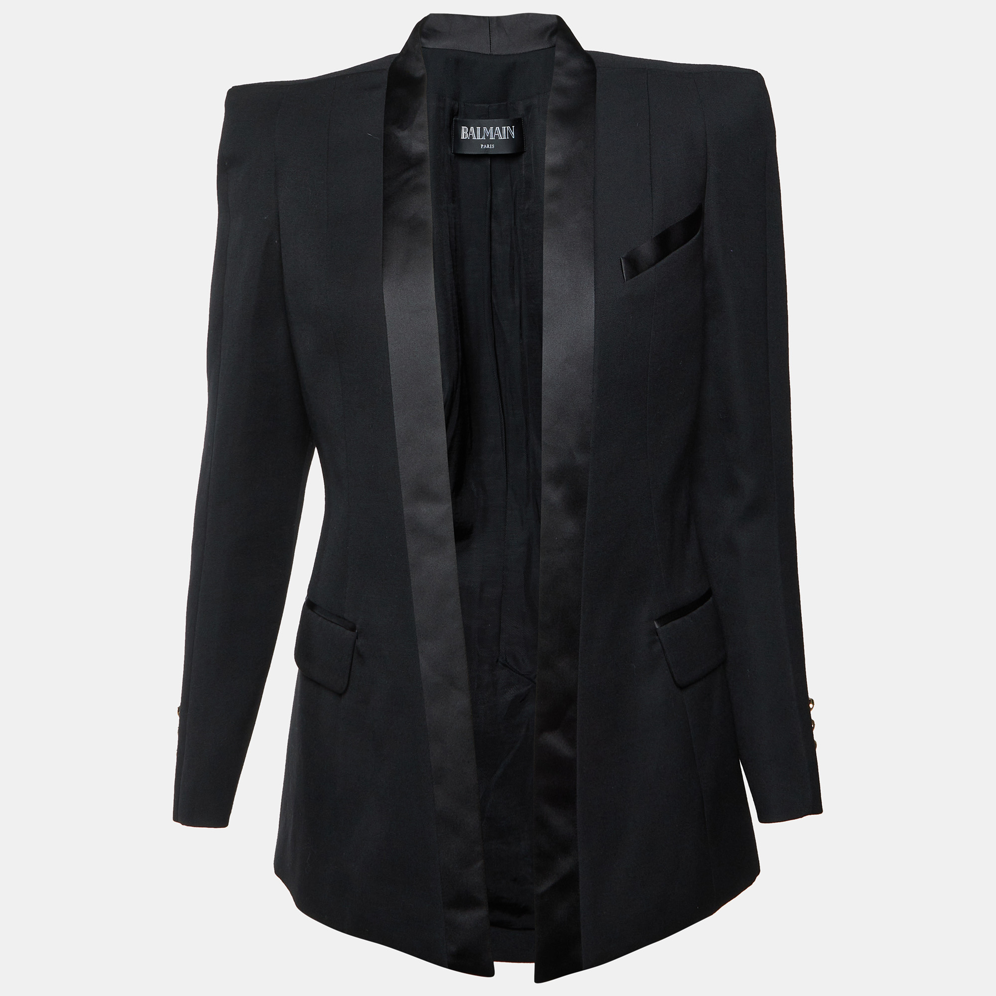 Pre-owned Balmain Black Wool Satin Trim Open Front Structured Blazer M