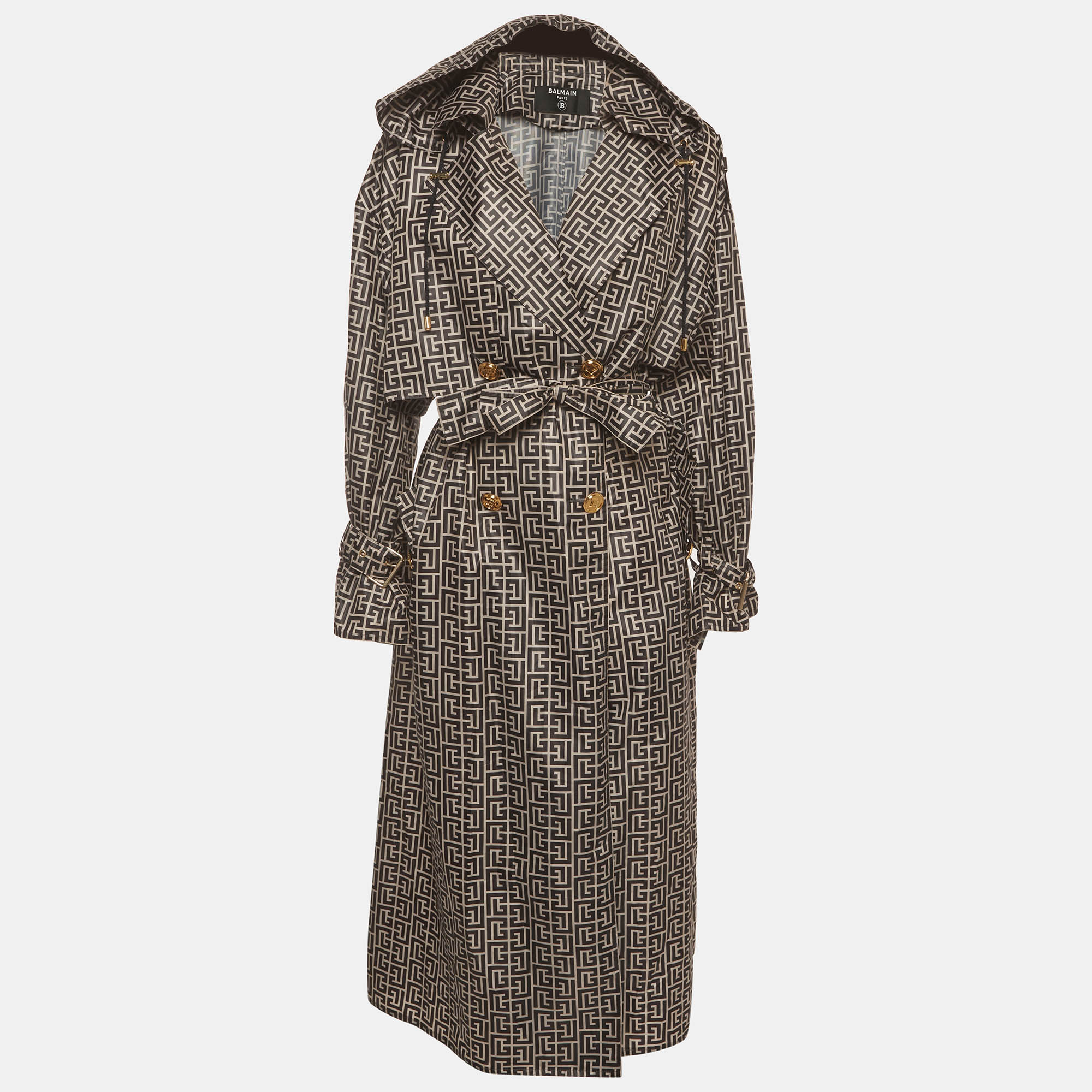 Pre-owned Balmain Beige/black Monogram Print Synthetic Hooded Trench Coat Xs