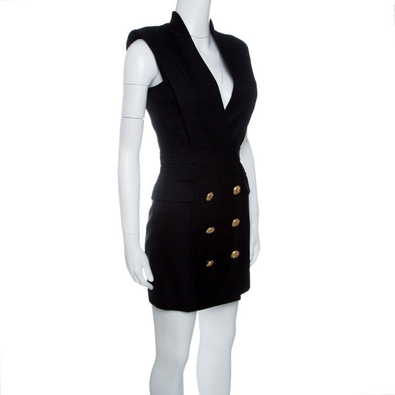 

Balmain Black Blazer Style Power Shoulder Sleeveless Dress
