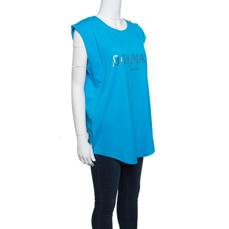 

Balmain Blue Cotton Shoulder Logo Button Detail Sleeveless T-Shirt