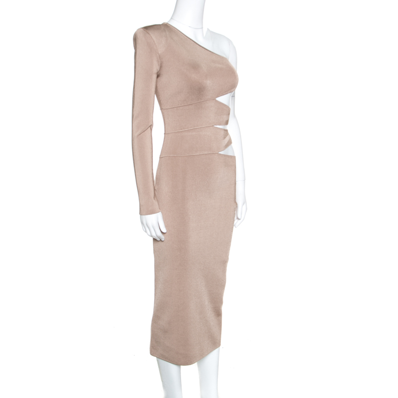 

Balmain Beige Knit One Shoulder Cutout Fitted Dress