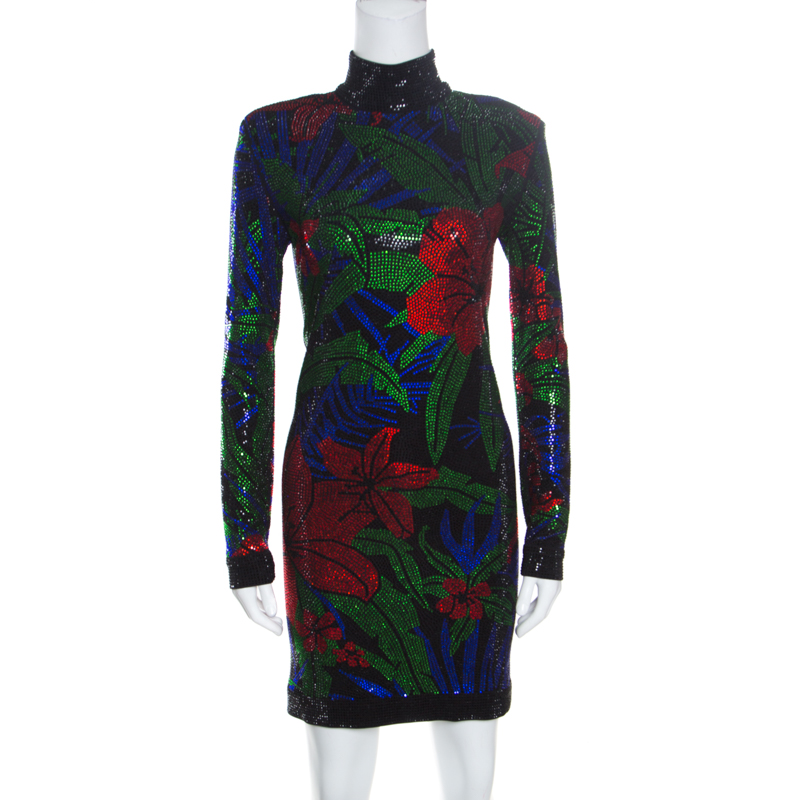 Pre Owned Balmain Multicolored Hot Tropical Crystal Embellished Sheath Dress M