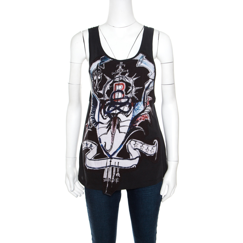 Pre Owned Balmain Dark Green Scorpion Printed Applique Detail Cotton Tank Top S