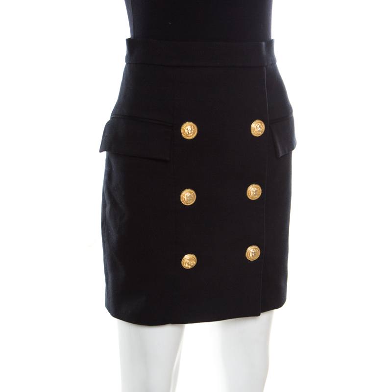 

Balmain Black Textured Cotton Gold Button Detail High Waist Mini Skirt