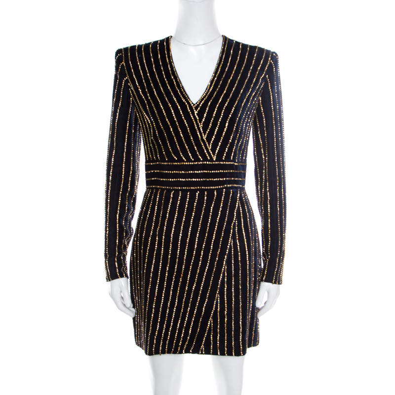 Pre Owned Balmain Navy Blue Velvet Crystal Embellished Long Sleeve Mini Dress M