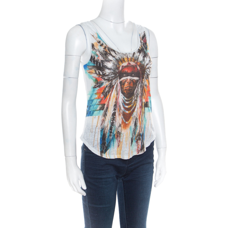 

Balmain White Linen Jersey Red Indian Print Sleeveless Tank Top