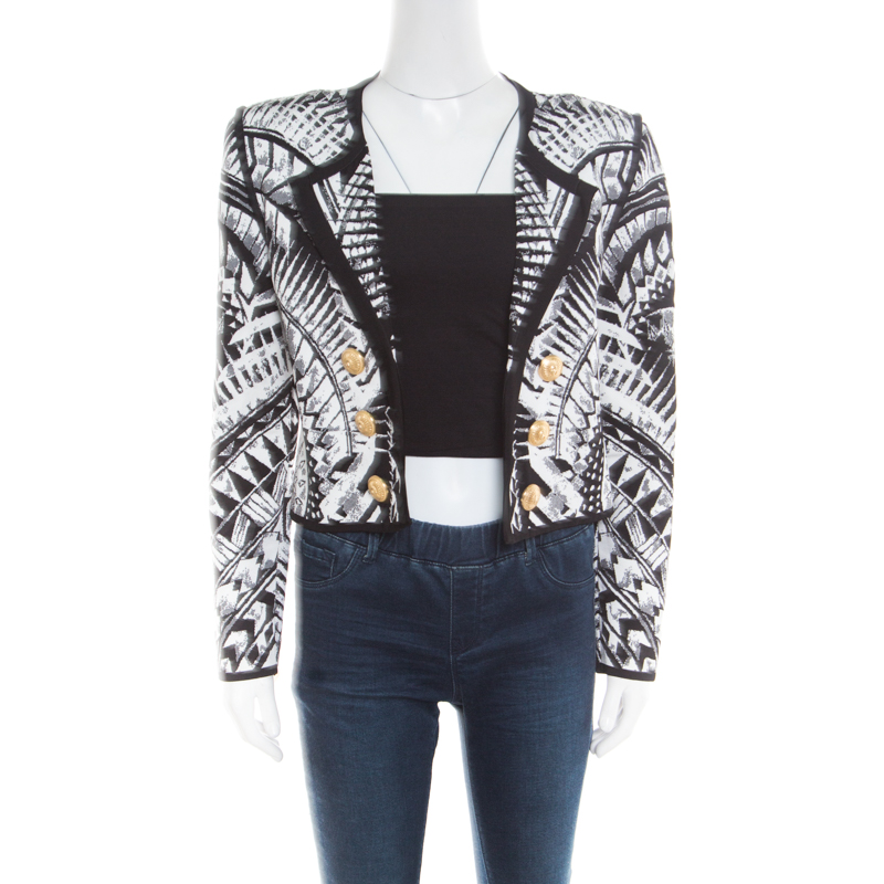 Balmain Monochrome Folkloric Patterned Jacquard Open Front Cropped Blazer L