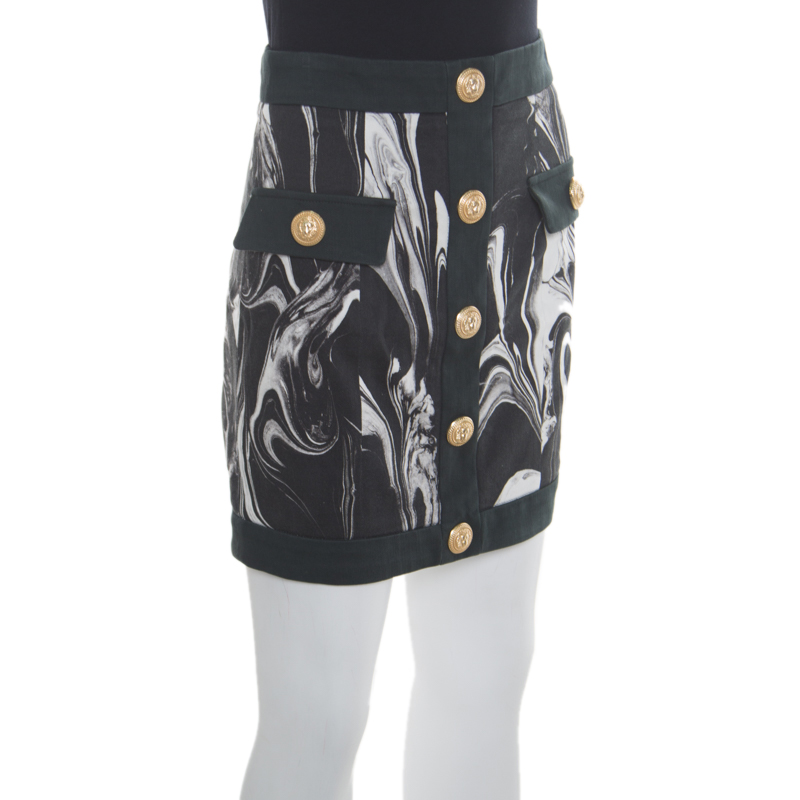 

Balmain Monochrome Marble Printed Logo Button Detail Mini Skirt, Black