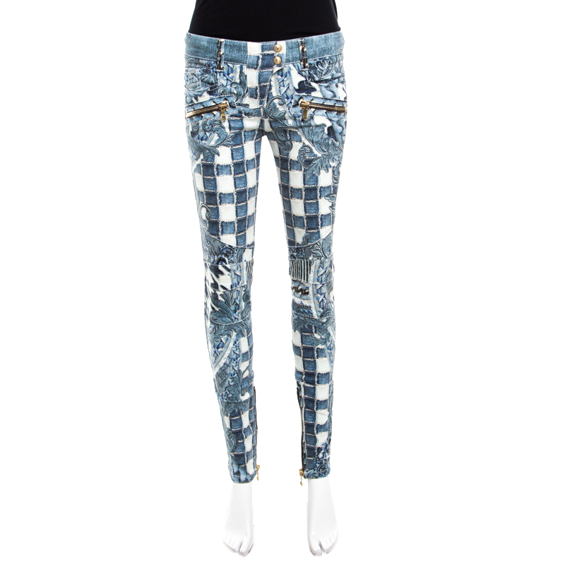 Balmain Indigo Light Washed Denim Baroque Printed Skinny Biker Jeans S