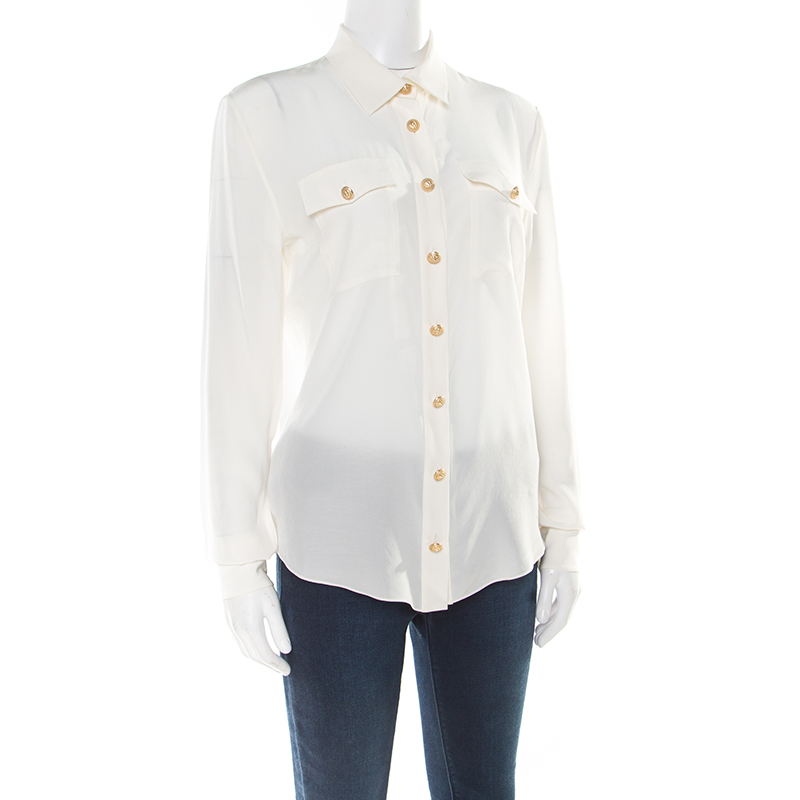 

Balmain Cream Silk Gold Tone Button Detail Long Sleeve Shirt