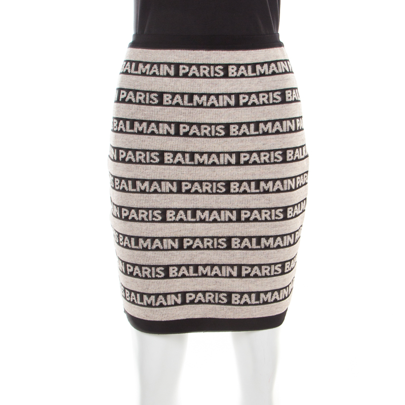 Pre Owned Balmain Beige and Black Jacquard Logo Knit Striped Bodycon Skirt M
