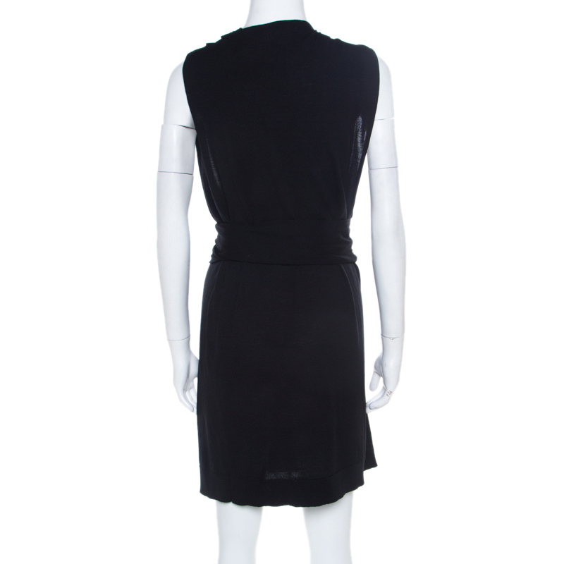 Pre-owned Balmain Black Knit Wool Chainmail Paneled Faux Wrap Mini Dress M