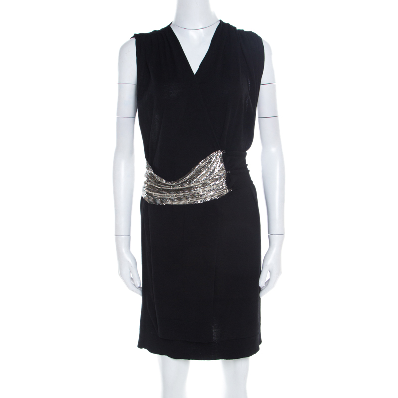 

Balmain Black Knit Wool Chainmail Paneled Faux Wrap Mini Dress