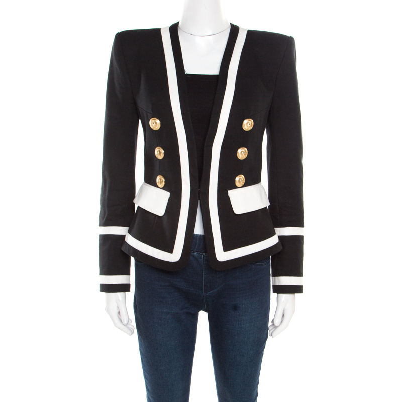 Pre Owned Balmain Monochrome Button Detail Tailored Blazer M