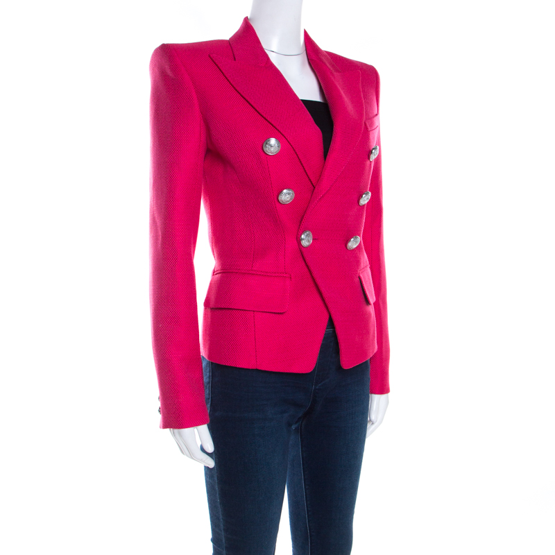 

Balmain Hot Pink Basketweave Textured Double Breasted Blazer