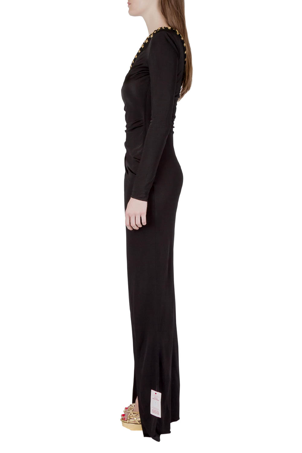 

Balmain Black Stretch Knit Crystal Embellished Draped One Shoulder Evening Gown