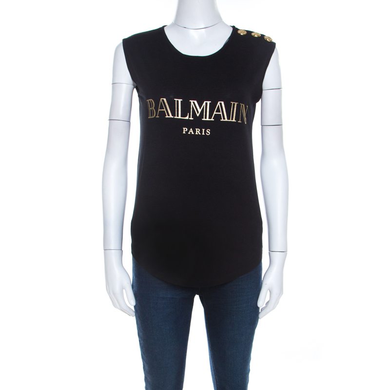 Pre Owned Balmain Black Cotton Shoulder Logo Button Detail Sleeveless T-Shirt S