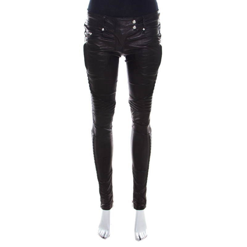 Balmain Black Stretch Leather Quilted Slim Fit Pants S
